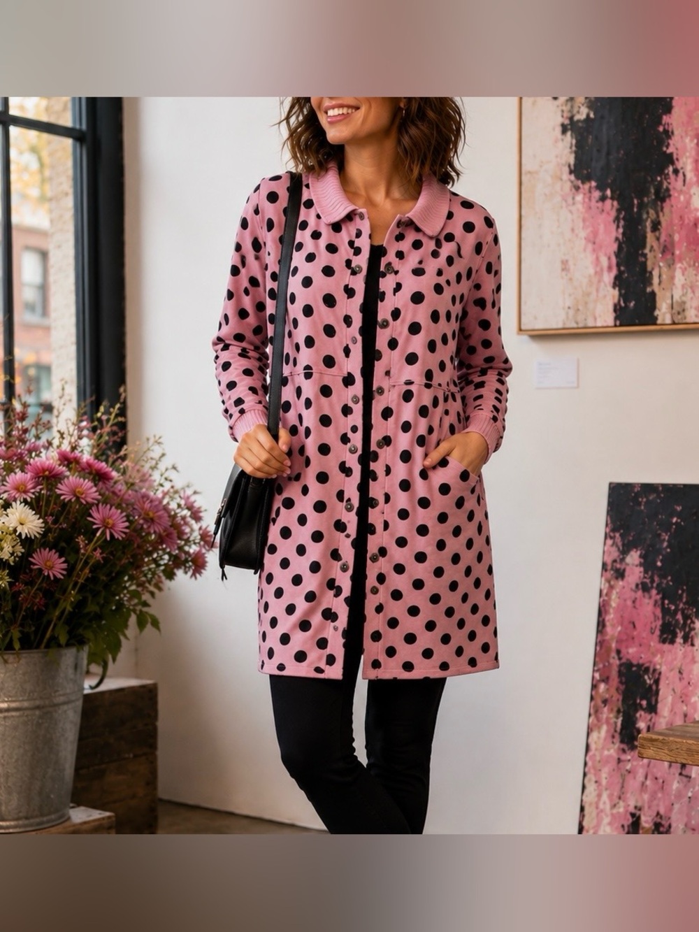 Fenini Pink Polka Dot Cotton Jacket | 100 % cotton - Artsy Duster | Size L